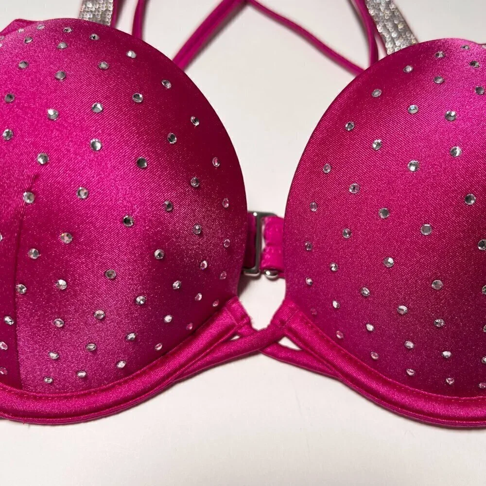 Victoria Secret 36A M Bombshell Push Up Bikini Top Set Shine Strap Berry Blush